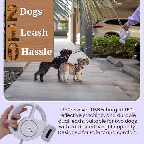 Retractable Two Dog Leash - Leash with LED Light, 360° Tangle-Free Swivel, Durable Stitching, One-Touch Lock, Ergonomic Grip - for Small to Medium (up to 33lb per Dog)