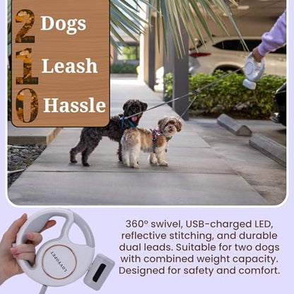 Retractable Two Dog Leash - Leash with LED Light, 360° Tangle-Free Swivel, Durable Stitching, One-Touch Lock, Ergonomic Grip - for Small to Medium (up to 33lb per Dog)