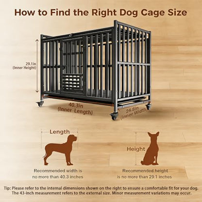 Heavy Duty Dog Crate, Escape-Proof Indestructible Cage for High-Anxiety Dogs, 3-Door Kennel with 4 Lockable Wheels and 2 Removable Trays Ideal for Large & Medium Breeds (43 Inch) - size: 43.0"L x 27.0"W x 37.0"H