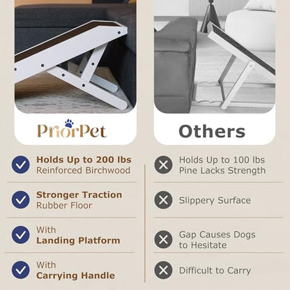 Dog Ramp for Couch – Non-Slip, Sturdy Build Foldable Wooden Dog Ramp – Supports up to 200 lbs – 7 Adjustable Heights (14"–20.5") – Enhanced Stability – Birchwood Pet Ramp for Small Dogs – White - color: White