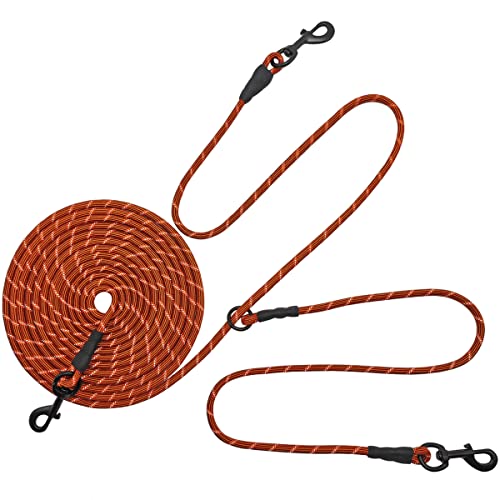 BTINESFUL 12/20/30FT Reflective Dog Tie Out for 2 Dogs Each Weight 15-60lb | No Tangle 1/3 Inch Nylon Rope Long Tether for Two Dogs, Dog Trolley Runner for Yard Outdoor Camping (30ft, Orange) - color: Orange, size: 30 Ft X 1/3"