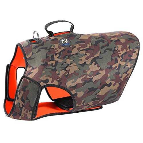 Coodeo Dog Hunting Vest Orange, Camo and Reversible Reflective Dog Tactical Harness Hound Jacket for Protection and Security, 4.5mm Neoprene Waterproof Safety Dog Vest Both Sides to Wear (Large) - size: Large