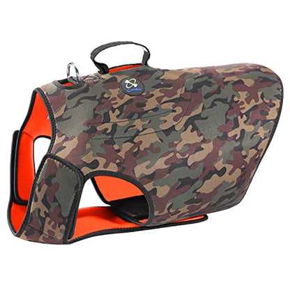 Coodeo Dog Hunting Vest Orange, Camo and Reversible Reflective Dog Tactical Harness Hound Jacket for Protection and Security, 4.5mm Neoprene Waterproof Safety Dog Vest Both Sides to Wear (Medium) - size: Medium
