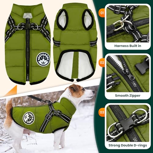 PETCARE Winter Dog Coat with Harness Built in Waterproof Dog Jackets Warm Pet Fleece Vest Windproof Snow Jacket Snowsuit Reflective Dogs Cold Weather Coats for Puppy Small Medium Large Dogs Cats - color: Green, size: M(Chest 14.6" Suggest 4-7 lbs)