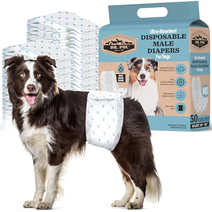 Dr Pol Dog Diapers for Male Dogs | Disposable Pet Diapers with Wetness Indicators | Adjustable Fit | Leak Protection & Super Absorbent | Perfect for Heat Cycles & Training Accidents | Pack of 50 - size: MD Waist Size 18 - 25 in
