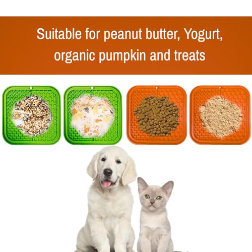 Dog Lick Mat 2-Pack (Orange & Green) with Spatulas – Silicone Licking Pads for Dogs & Cats, Peanut Butter Slow Feeder, Strong Suction, Anxiety Relief for Bath & Grooming, Dishwasher-Safe