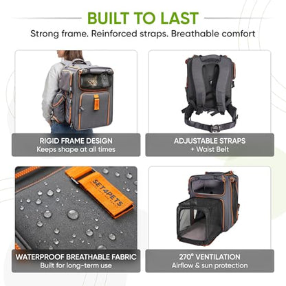 Premium Expandable Cat Carrier Backpack with Car Seat Belt Safety System – Rigid Frame Pet Carrier Backpack for Cats & Small Dogs up to 25 lbs – Breathable, Durable – Includes Bottle & Feeding Bowl - color: gray/orange