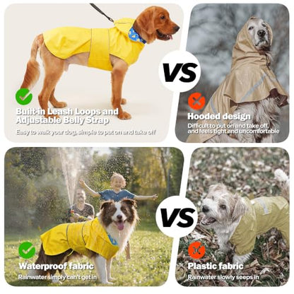 Kimee Dog Raincoat Reversible, Single Side Slicker Poncho Adjustable Waterproof Dog Rain Jacket with Leash Hole/Reflective Stripe Hooded Snowproof Windproof Clothes for Small to 3X-Large Dogs, L - color: Yellow, size: Large