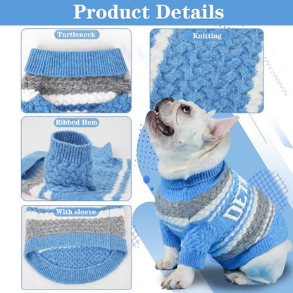 Detroit Small Dog Sweater Football Theme Turtleneck Knit Dog Sweaters for Small Pets Warm Winter Cat Dog Clothes - color: Skyblue&gray, size: Large