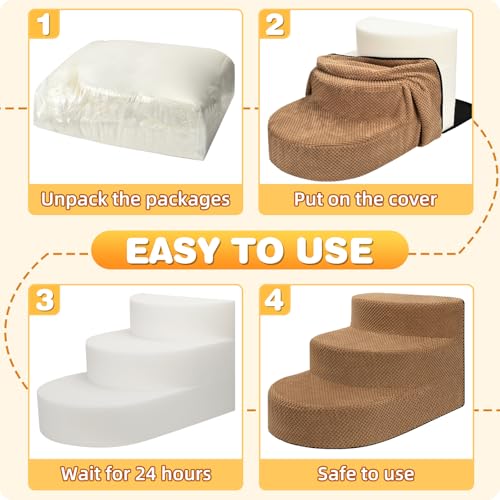 Dog Stairs 3 Steps Foam Pet Ramp for Small Dogs Cats, Khaki | Non-slip foam stairs with washable cover, ideal for beds & sofas. Sturdy, safe & easy to clean. - color: Khaki-3-Step