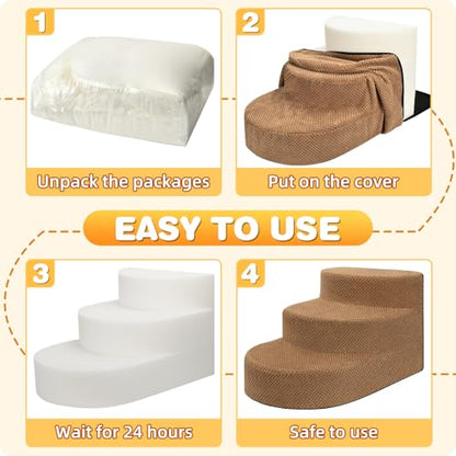 Dog Stairs 3 Steps Foam Pet Ramp for Small Dogs Cats, Khaki | Non-slip foam stairs with washable cover, ideal for beds & sofas. Sturdy, safe & easy to clean. - color: Khaki-3-Step