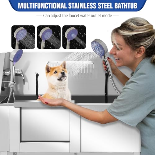 Stainless Steel Dog Washing Station, Pet Grooming Tub W/Storage Stairs, Faucet & Showerhead & Soap Holder Dog Bathtub for Large & Medium & Small Pets,34" L-RAMP - color: 34" L-RAMP