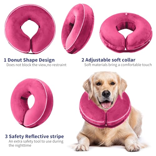 Inflatable Reflective Dog Cone Collar Alternative After Surgery,Doggie Recovery Dount Neck Ecollar,Adjustable Soft Dog Cone Collar for Small Medium Large Dogs (Pink, XL) - color: Pink, size: X-Large（15.5"-18.5"）
