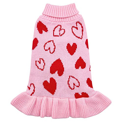 cyeollo Valentines Dog Sweater Dress, Warm Turtleneck Dog Sweaters for Small Dogs Girl, Stretchy Pullover Pet Clothes, Soft Knitted Dogs Sweaters with Heart Print and Leash Hole, M - color: 1# Valentine's Sweater Dress, size: Medium