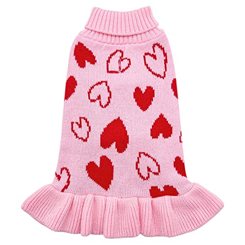 cyeollo Valentines Dog Sweater Dress, Warm Turtleneck Dog Sweaters for Small Dogs Girl, Soft Stretchy Heart Print Dogs Sweater, Comfy Pullover Knitted Pet Clothes Coat with Leash Hole, L - color: 1# Valentine's Sweater Dress, size: Large