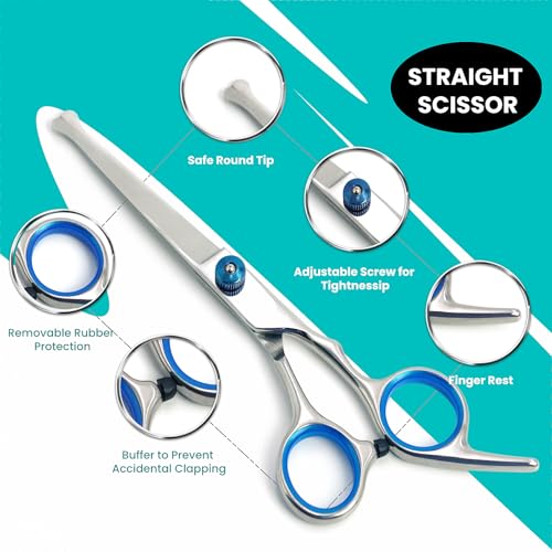 MEDUWEDU 7 in 1 Dog Grooming Scissors Set with Safety Round Head, Sharp and Durable, with Two Stainless Steel Combs, Pet Grooming Scissors for Cats and Dogs