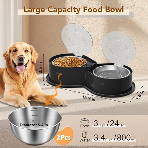 Newget Stainless Steel Dog Bowl Set with Lids, 304 Metal Dual Food & Water Bowls for Dogs & Cats, Foldable Pet Feeder with Cover Keeps Food Fresh, Anti-Skid Dog Dish for Small/Medium/Large Pets - color: Black