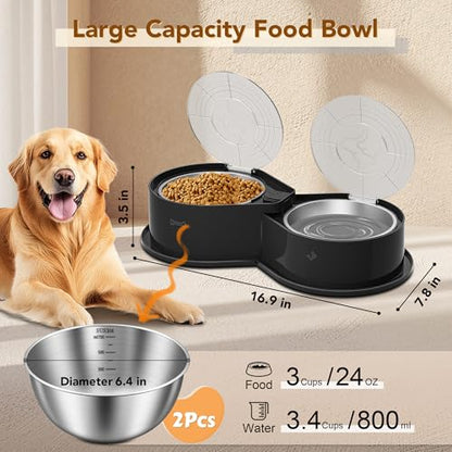 Newget Stainless Steel Dog Bowl Set with Lids, 304 Metal Dual Food & Water Bowls for Dogs & Cats, Foldable Pet Feeder with Cover Keeps Food Fresh, Anti-Skid Dog Dish for Small/Medium/Large Pets - color: Black