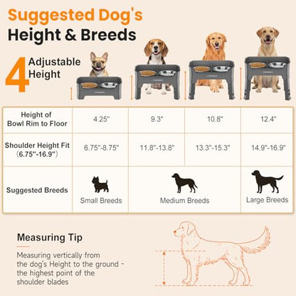 URPOWER Mess Proof Elevated Dog Bowls, High Wall Splash Guard Design, 4 Height Adjustable Raised Bowl Stand, 2 Stainless Steel Bowls, Non-Slip Food Water Set for Small Medium Large Dogs - color: Grey, size: Medium