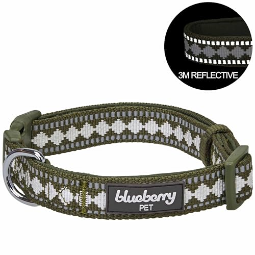 Blueberry Pet 3 Colors 3M Reflective Jacquard Neoprene Padded Adjustable Dog Collar, Olive - color: Polyester Buckle- Olive, size: Large
