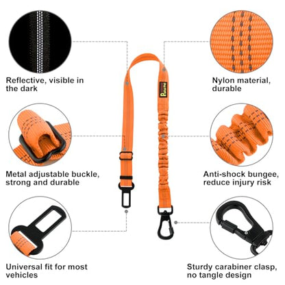 Plutus Pet Dog Seat Belt for Car, Adjustable Dog Car Harness with Carabiner Clip, Reflective Safety Dog Seatbelt Leash with Elastic Bungee, Orange - color: Orange
