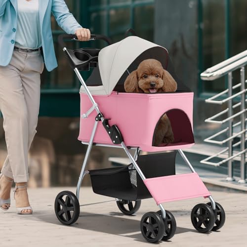 Magshion Foldable Pet Stroller, 3-in-1 Dog Travel Jogger with Detachable Carrier, Cup Holder, Storage Basket, Folding Carrier for Small/Medium Dogs & Cats Up to 33 lbs, Pink - color: Pink, style: Up to 33 lbs