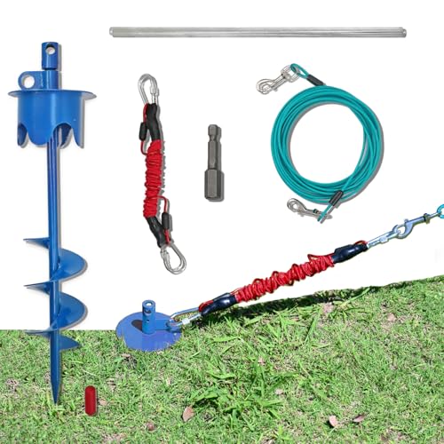 Dog Stakes for Outside Heavy Duty Hold up to 350Lbs Large Dogs Tie Out Tether Leash Chain for Yard Screw in Ground Anchors 17inch with Buffer Rope, Blue, 25 FT Steel Cable - color: Blue, size: 17IN Stake+25FT Cable