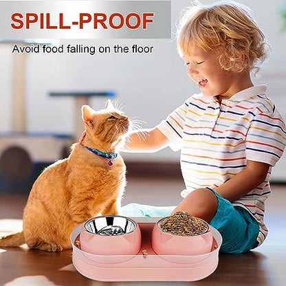 Elevated Cat Food Bowls, Raised Cat Bowl with Stand Stainless Steel, Tilted Bowls Anti Vomiting, Double Cats Food and Water Bowl Set for Cats (Pink) - color: Pink