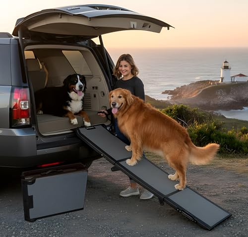 Pet Gear Tri-Fold Portable Pet Ramp for Dogs/Cats, 71" Long, Titanium | Extra Wide, Holds up to 200lbs, Compact/Easy Fold with Safety Tether - color: Titanium