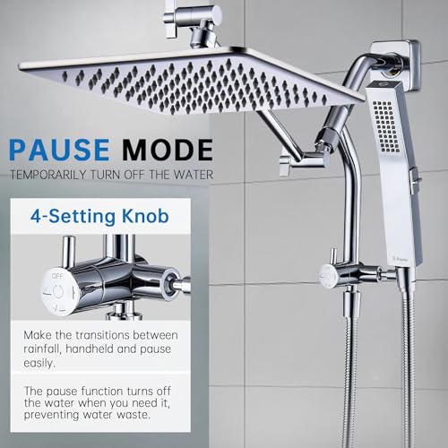 G-Promise All Metal 12 Inch Thickness Rain Shower Head with Handheld Built-in Power Wash Mode, Pause Setting 3-way Diverter, Full Body Coverage Waterfall Showerhead, Luxury Bathroom Upgrade (Chrome) - color: Chrome, size: 12 Inches