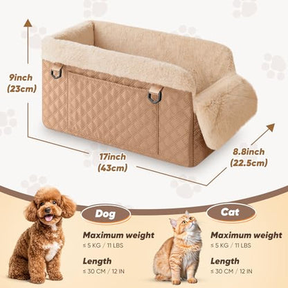 QUMY Dog Car Seats for Small Dogs Up to 11lbs, Portable Center Console Dog Booster Seat, Multi-Purpose Puppy CarSeat with Adjustable Safety Belt, Travel Pet Car Carriers for Small Dogs and Cat, Khaki - color: Khaki