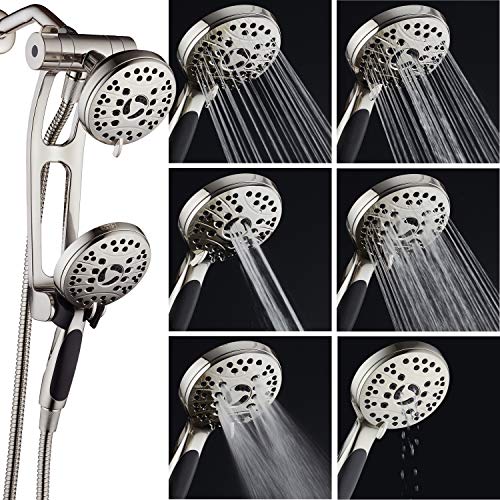 High Pressure 48-mode Luxury 3-way Combo with Adjustable Extension Arm – Dual Rain & Handheld Shower Head – Extra Long 6 Foot Stainless Steel Hose – All Brushed Nickel Finish – Top US Brand - color: Brushed Nickel