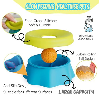 Slow Feeder Dog Bowls for Liquid Treats with Rolling Ball Silicone Interactive Dog Lick Bowl for Bone Broth & Wet Food Anti-Slip Lick Mat