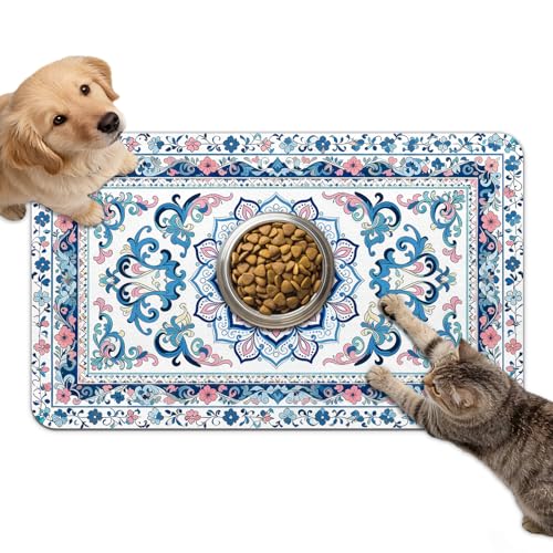 Dog Food Mat for Bowls, Absorbent Quick Dry Dog Cat Mats for Food and Water, Non-Slip Backing Pet Mat Pet Supplies - Blue Vintage Floral Pattern - color: Floral1