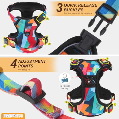 BEAUTYZOO No Pull Dog Harness Large, Adjustable Dog Harness and Leash Set -Easy Wearing with 3 Buckles/Control Handle,No Choke Soft Padded Reflective Pet Vest for Training Walking Hiking, L - color: Geometry, size: L: chest 22"-33"