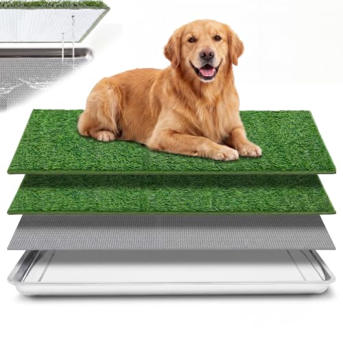 Mifoci 4 Pcs Dog Pee Tray, 31.5" x 19.6" Stainless Steel Dog Toilet, Comes with 2 Grass Mats and 1 Drainage Mat - Durable, Rust-Proof, Easy to Clean Toilet for Large Indoor Outdoor Use