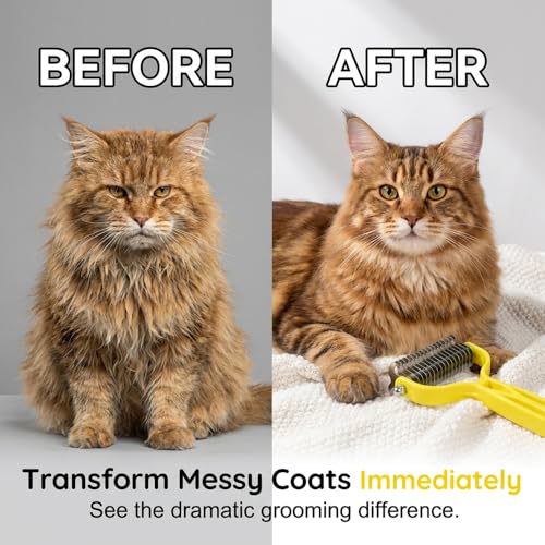 Double Sided Dematting Comb for Cats & Dogs, Undercoat Rake, Safe Deshedding Grooming Tool, Gentle Matt Remover Detangler for Long Thick Haired Pets, Ergonomic Pet Grooming Brush (Purple) - color: Purple