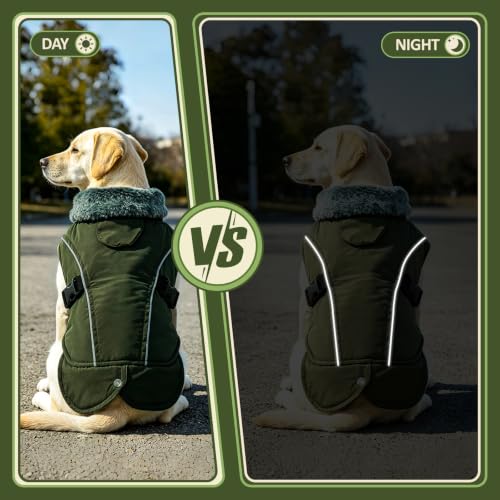 DENTRUN Warm Dog Winter Coat, Easy On Reflective Turtleneck Fleece Jacket | Adjustable buckle, easy on off, windproof & water-repellent, thick fleece snowsuit, outfit fits small to large breeds - color: Army Green, size: Medium