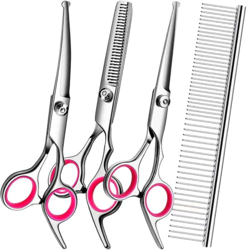 Dog Grooming Scissors Kit, Premium Stainless Steel Dog Shears with Curved Shears, Sharp Durable for Dogs Cats+Pink 4 Piece - color: Pink 4 Piece