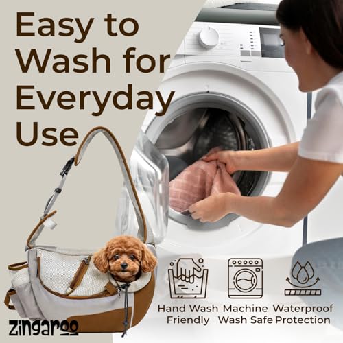 Hands-Free Sling Pet Carrier for Cats and Small Dogs up to 7lbs – Travel Set Includes Foldable Water Bowl & ID Card – Breathable Mesh, Safety Hook & Adjustable Padded Strap for Walking & Travel - color: Beige