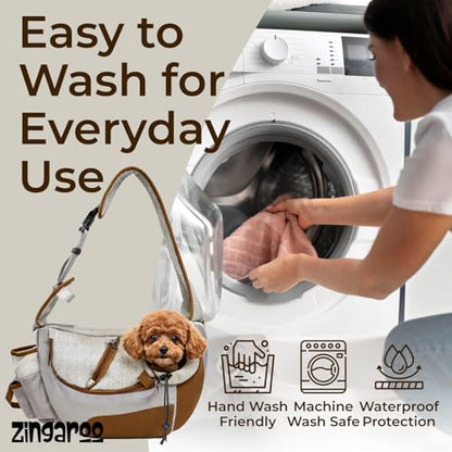 Hands-Free Sling Pet Carrier for Cats and Small Dogs up to 7lbs – Travel Set Includes Foldable Water Bowl & ID Card – Breathable Mesh, Safety Hook & Adjustable Padded Strap for Walking & Travel - color: Beige