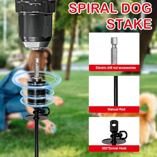 Dog Tie Out Stake Heavy Duty: 14.9in x0.47in Spiral Ground Anchor with 360° Stainless Swivel, Drill Adapter and Manual Steel Rod, Strong Tie Out System for Large Dogs in Yard and Outdoor Use