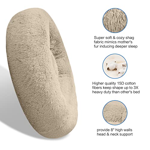 SAVFOX 45 inches Calming Donut Dog Bed - 3X Durable Plush Faux Fur, Machine Washable & Non-Slip, Fits up to 150 lbs, Beige - color: Beige, size: X-Large | 45"x45"