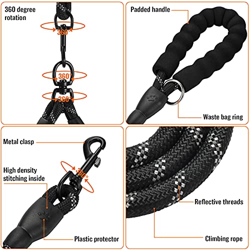 Double Dog Leash Reflective Detachable Coupler &360° Swivel Tangle Free,Heavy Duty Rope Leash Control with Padded Handle for Dual Large Medium Dogs Walking Running Training(Classic Black) - color: Classic Black