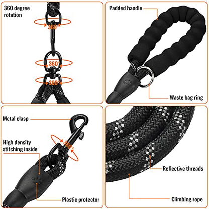Double Dog Leash Reflective Detachable Coupler &360° Swivel Tangle Free,Heavy Duty Rope Leash Control with Padded Handle for Dual Large Medium Dogs Walking Running Training(Classic Black) - color: Classic Black
