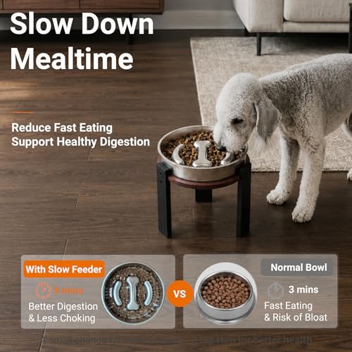 Elevated Slow Feeder Dog Bowl for Medium Dogs, Adjustable Raised Dog Bowl Stand with Stainless Steel Slow Feed Bowl, Reduces Choking & Improves Digestion, Non-Slip Bamboo Stand (Black & Walnut) - color: Black & Walnut