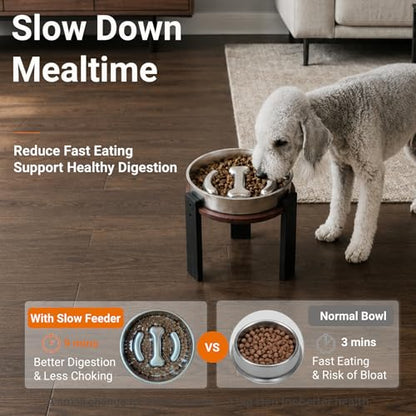 Elevated Slow Feeder Dog Bowl for Medium Dogs, Adjustable Raised Dog Bowl Stand with Stainless Steel Slow Feed Bowl, Reduces Choking & Improves Digestion, Non-Slip Bamboo Stand (Black & Walnut) - color: Black & Walnut