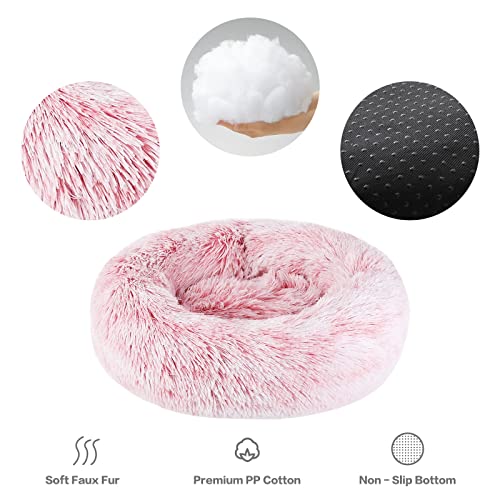 NOYAL Calming Donut Dog Bed for Small to Medium Dogs & Cats - Plush Faux Fur Anti-Anxiety Pet Bed with Machine Washable Cover & Non-Slip Base - color: Gradient Pink, size: Large 27.5''