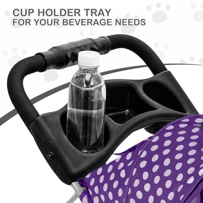 MoNiBloom 3 Wheels Pet Dog Cat Stroller for Small Medium Dogs Cats, Foldable Jogger Stroller w/Storage Basket and Cup Holder, Purple Polka Dots - color: Purple Polka Dots