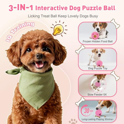 Interactive Dog Frozen Treat Toys, Dog Puzzle Enrichment Ball to Keep Them Busy, Slow Food Training, Durable Rubber Chew Dispensing Toy, Freezable Fillable Ball, for Small Medium Large Dogs (Pink) - color: Pink